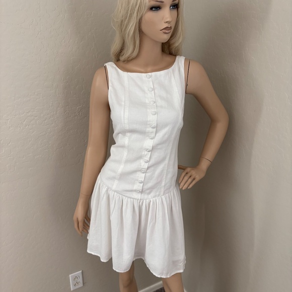 WILD FABLE Linen Blend Button-Front Drop Waist Mini Dress in White NEW - Picture 4 of 15